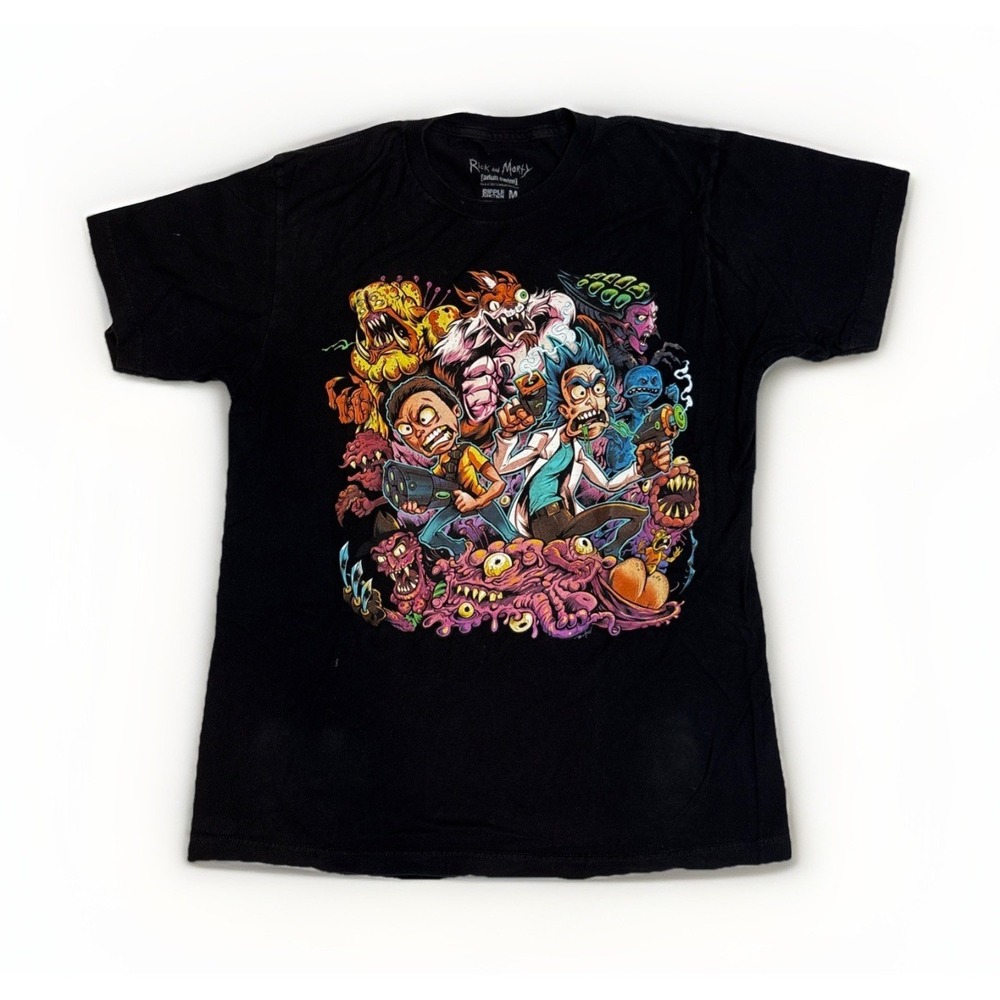 Rick And Morty Adult Swim Graphic Print Black Short Sleeve T-shirt Men's Medium